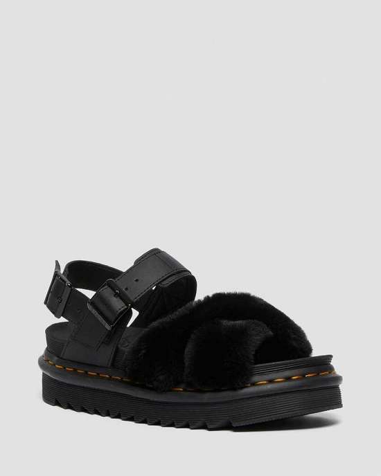 Sandalias Plataforma Dr. Martens Voss Fluffy Faux Fur Strap Mujer Negros MX-18976